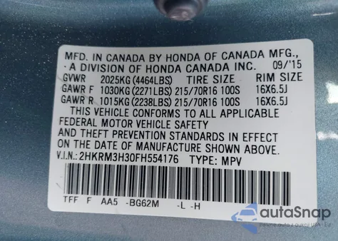 2015 Honda Cr-V Lx from USA, damaged, VIN 2HKRM3H30FH554176